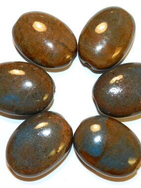 CPC293 Honey Brown & Aqua Blue 30mm Flat Puffed Oval Glazed Ceramic Beads 6pc